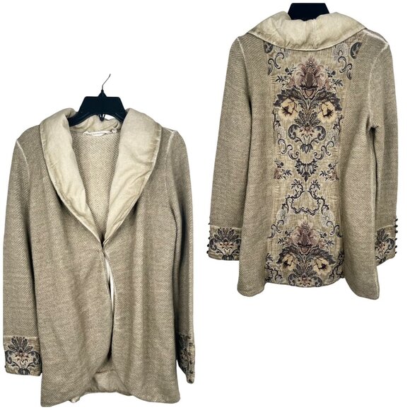 Soft Surroundings Embroidered Open Front Jacket Coat Size S Beige Linen Blend - Picture 1 of 15